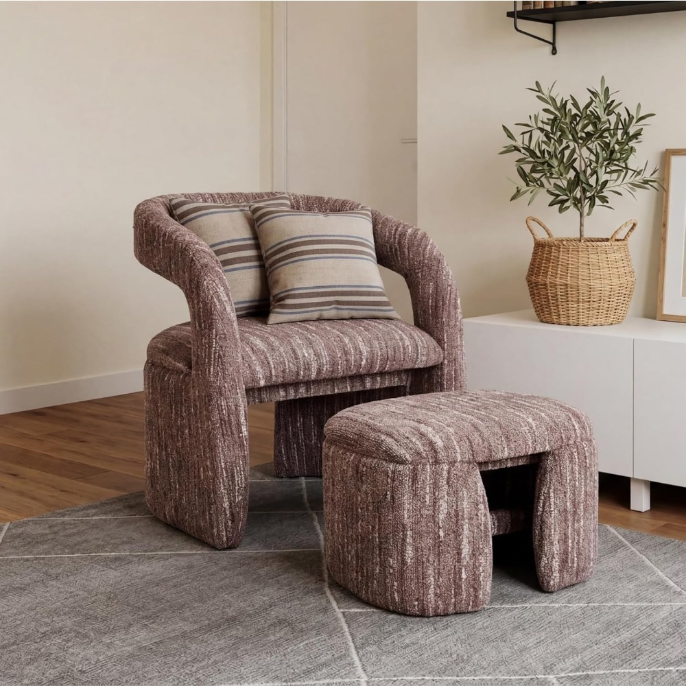 1pc Modern Accent Living Room Chair Set with One Ottoman, Upholstered Barrel Sherpa Lounge Side Chair, Comfy Side Reading Reclining Chair for Living Room, Bedroom, Apartment, Reading Room, Office
