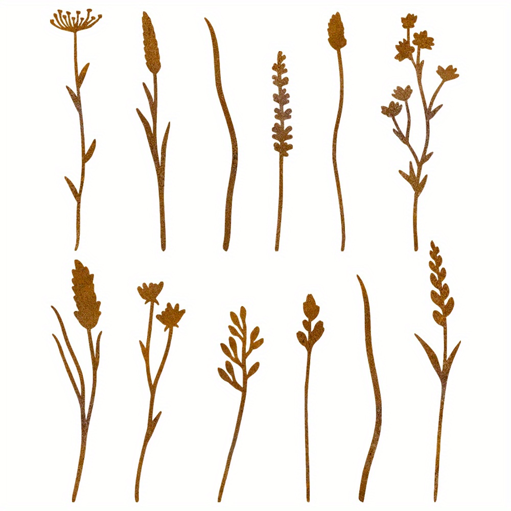 Image of 12pcs Rusted Metal Flower Set - Rusty Bouquet For Plant Pot & Garden Vase Decor, Iron Floral Stake Set With Rustic Farmhouse - Indoor/outdoor Plant Accent For Yard, Patio (weatherproof)