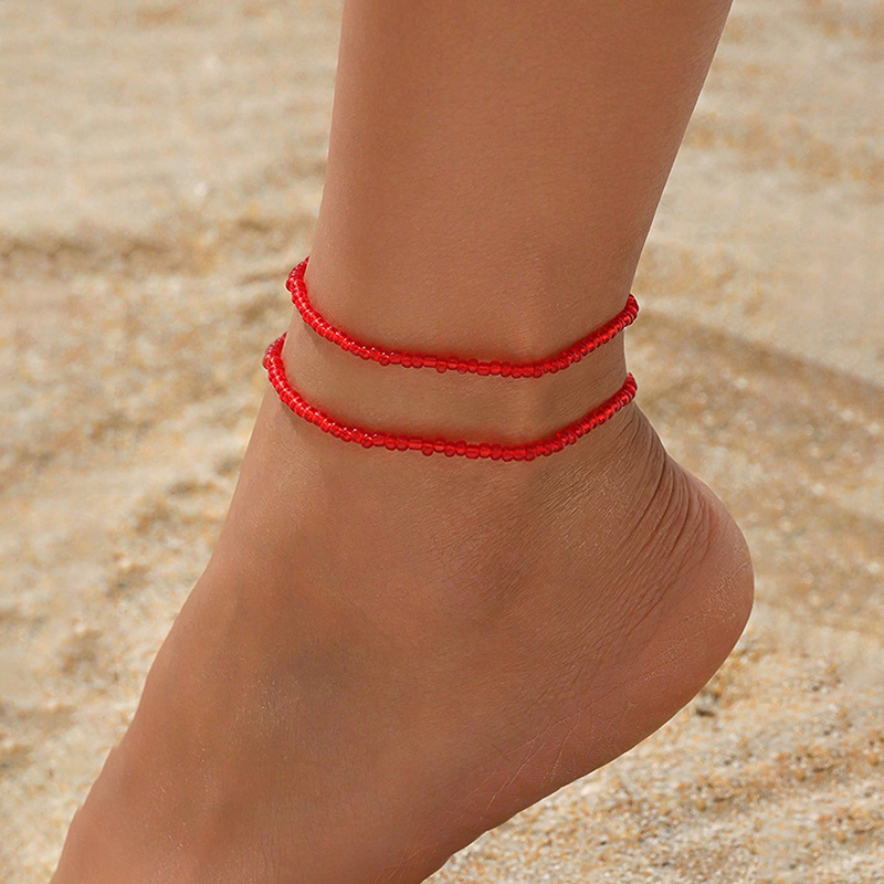 Image of 2pcs Summer Bohemian Style Red Bead Elastic Rope Anklet, Beach Vacation Dopamine Red Bead Multi-strand Stackable Anklet Set, Women's Anklet, Glass Material, Summer Beach Vacation, Summer Anklet