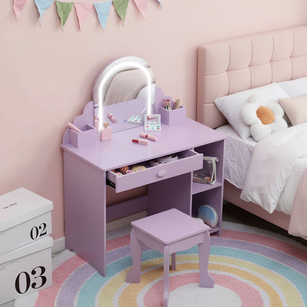 Girls' Kids Vanity Desk with Mirror & Stool - Princess Makeup Table with Drawer, Shelves & Cubbies, Toddler Dressing Table Suitable for Little Girls, Assembly, Non-Wood