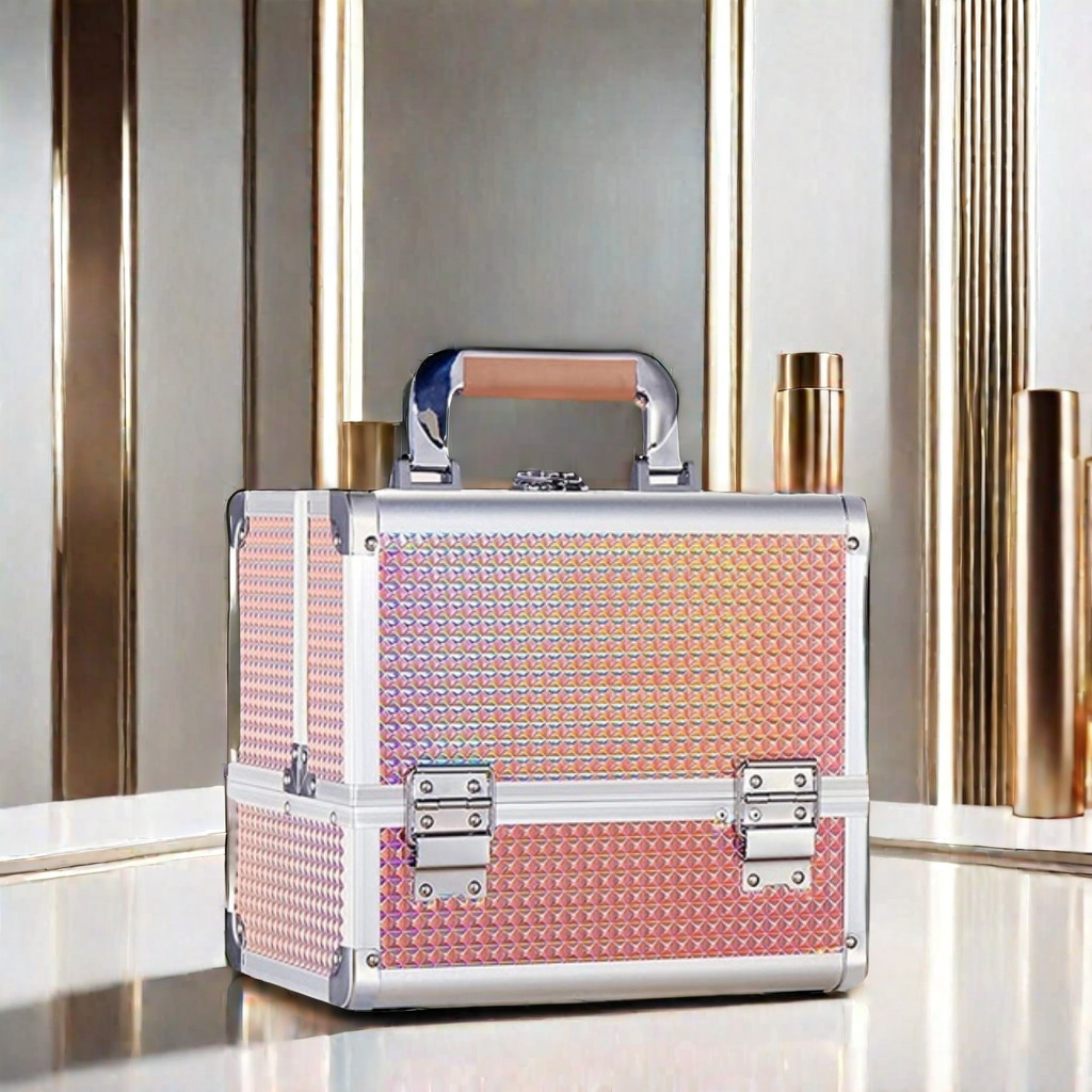 portable aluminum makeup case with trays diamond textured abs cosmetic organizer large capacity for nail tools durable travel friendly vanity box for artists daily use details 1