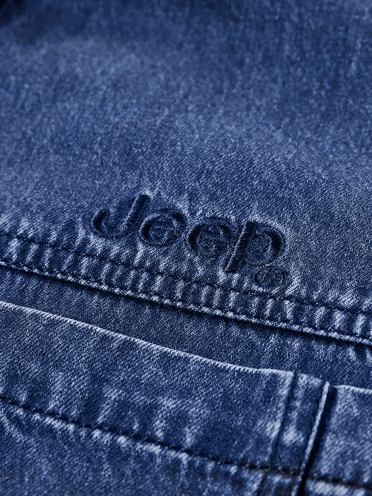 Jeep Cotton Denim Long Sleeve Shirt for Men Embroidered Logo Lapel Button Double Chest Pockets Wrinkle-resistant Stylish Light Business Casual