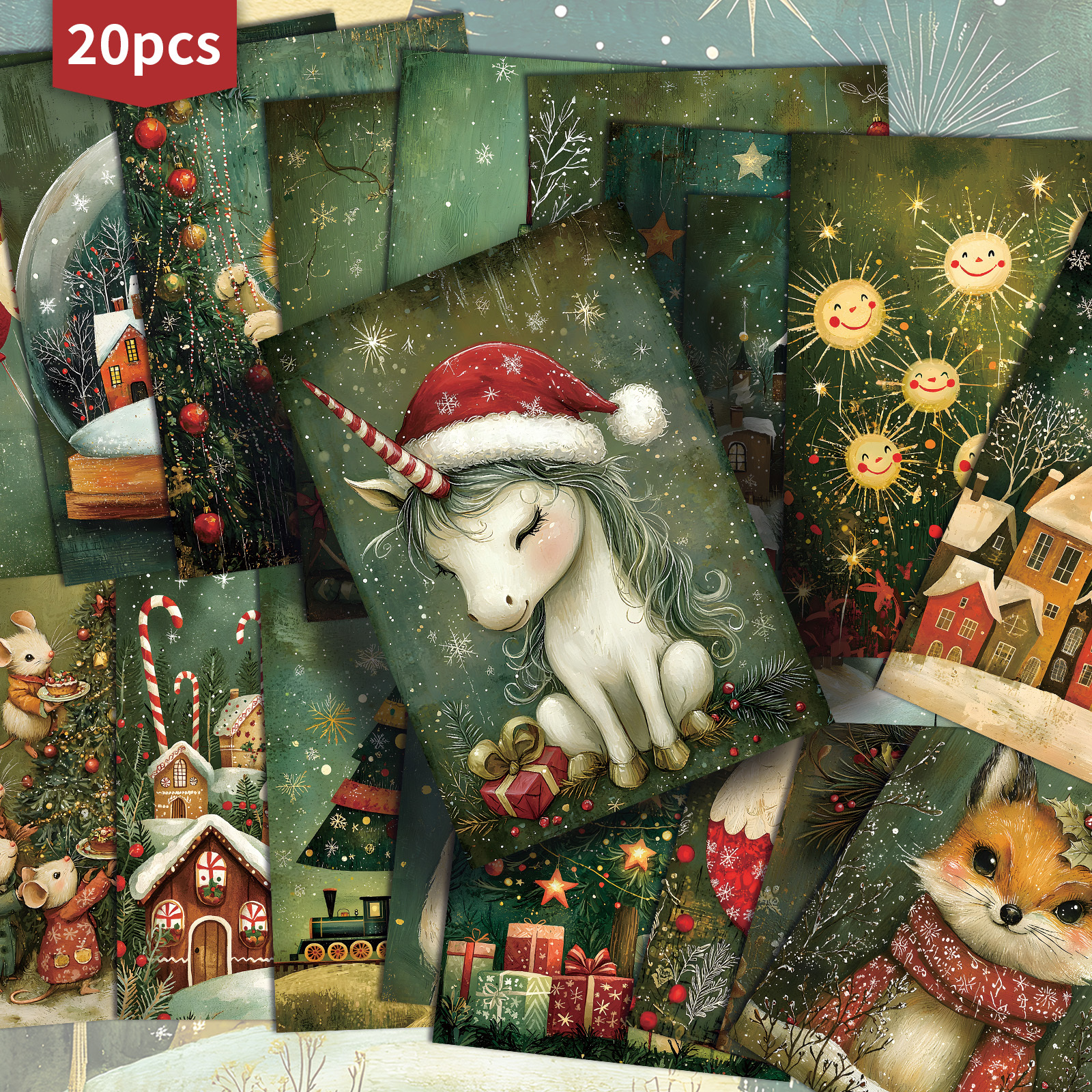 TEMU 20-pack Asstss Vintage Christmas Animals And Unicorns Gift Cards - 4x6 Inches Junk Journal Paper, Classic Pinup Illustrations, Collectible