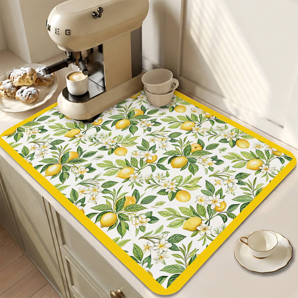 TEMU 1pc Lemon Themed Dish Drying Mat With Non-slip Rubber Backing, Thick Rubber Base & Floral Pattern - Suitable For Summer Kitchen, Bathroom