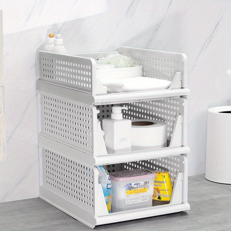 TEMU 4pcs Large White Foldable Storage Baskets, Collapsible And Space-saving Stackable Closet Organizer, Durable Plastic Storage Containers, Storage