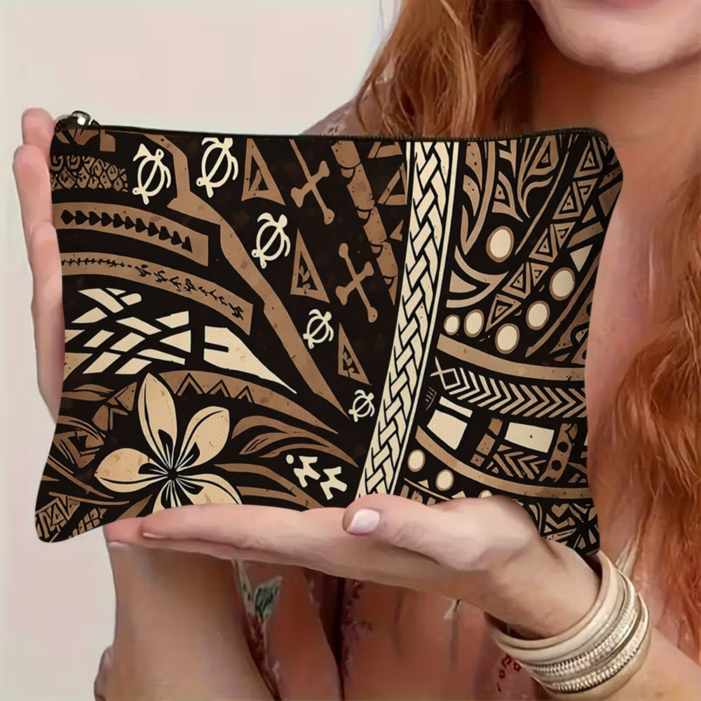 TEMU 1pc 2d Flat Polynesian Tribal Intricate Plumeria And Geometric Pattern Cosmetic Bag, Durable Polyester Material With Zipper Closure,