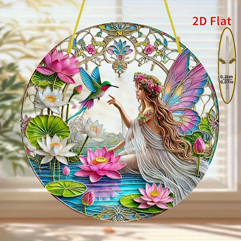 TEMU Attrape-lumière plat 2D, motif floral fée en acrylique, attrape-soleil papillon sprite, décoration suspendue, décoration printanière , fenêtre,