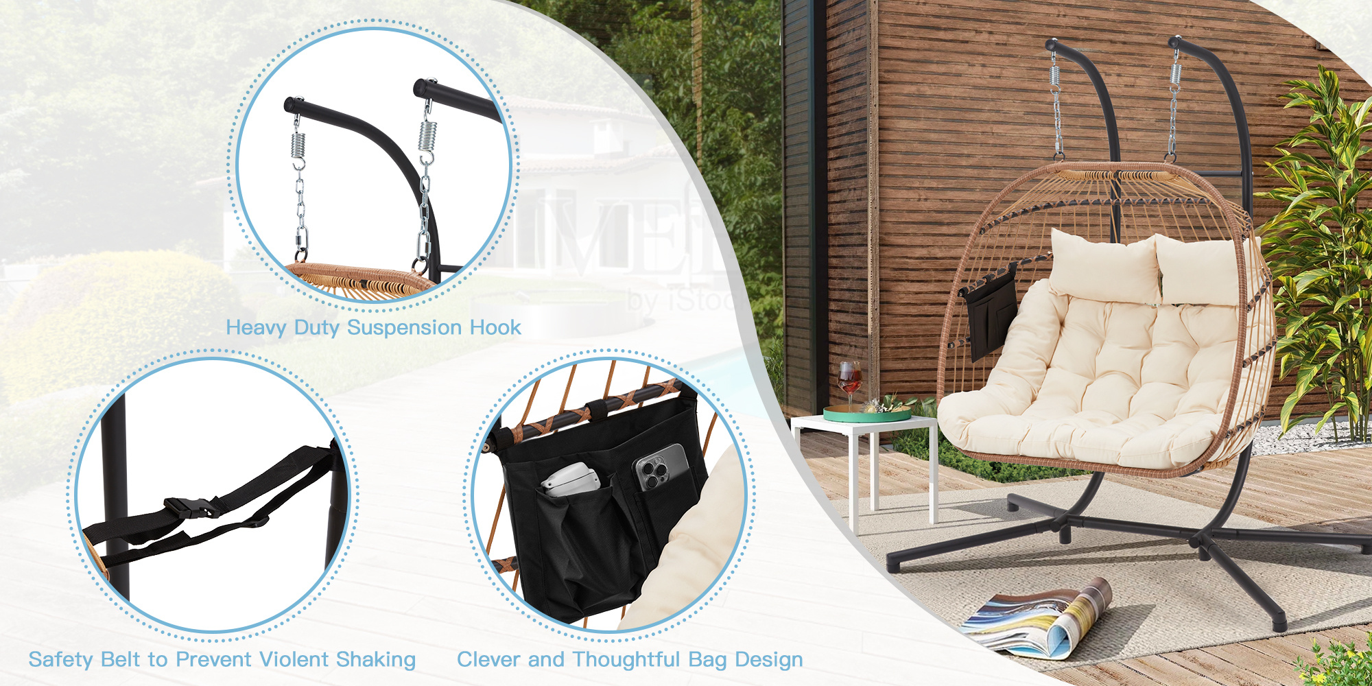 2 Person Hanging Egg Chair with Stand, Outdoor Wicker Swing Chair with Cushion, Heavy Duty Loveseat Chair for Patio Balcony Bedroom