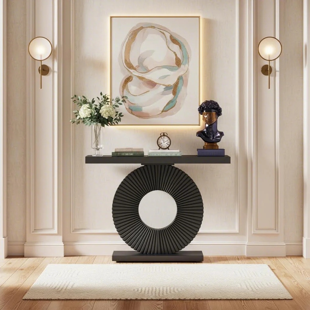40-inch Modern Console Table With Geometric Metal Base, Slim Long Entryway Or Sofa Table For Living Room Hallway, Black (1pc)