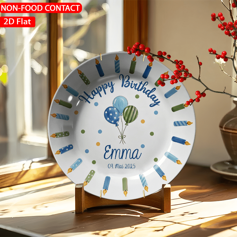 TEMU Birthday Gift Circular Ceramic Decorative Plate - Blue Balloon And Candle Border Art Design, Customizable Name And Date Artwork, Durable