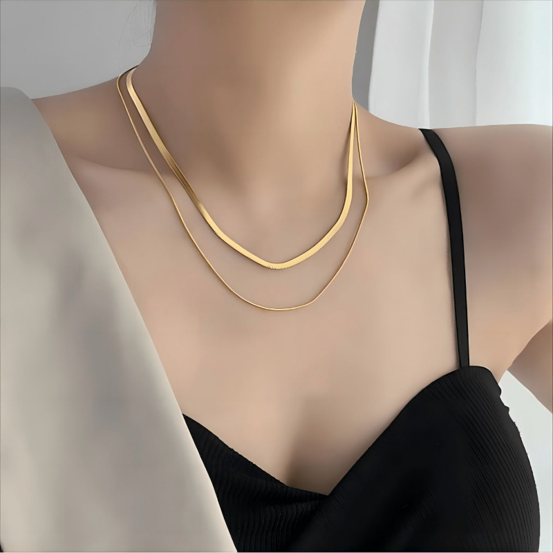 2pcs Snake Chain Herringbone Necklace Golden Women's Necklace