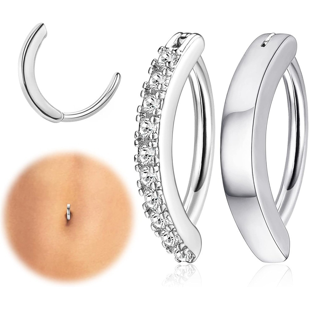 Image of Set Of 2, 14g Clicker Belly Button Rings For Of Surgical Steel With Cz Opal, Featuring A Easy Reverse Design For Body Jewelry