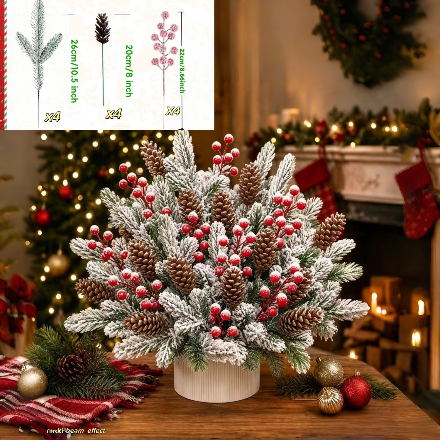 TEMU 12 pezzi Decorazioni Natalizie, Rami di Artificiale, e Rosse con Nastro , Delicata Artigianeria Coperta di che un' Invernale Realistica,