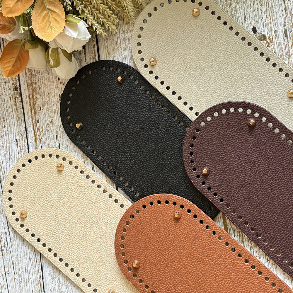 TEMU 5pcs Oversized 25x12cm Lychee Pattern Pu Leather Bottom| Handcrafted Base With String Holes For Crocheting Large Foundation, Diy Wallet Making