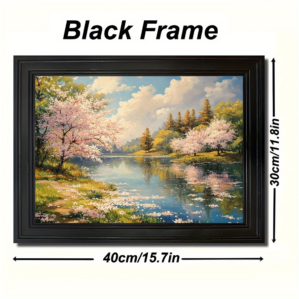 TEMU 1pc Vintage Black Canvas Painting - Landscape With Trees, Lake Reflection & Sky Artwork, Elegant Wall Decor For Living Room, Home, Office,