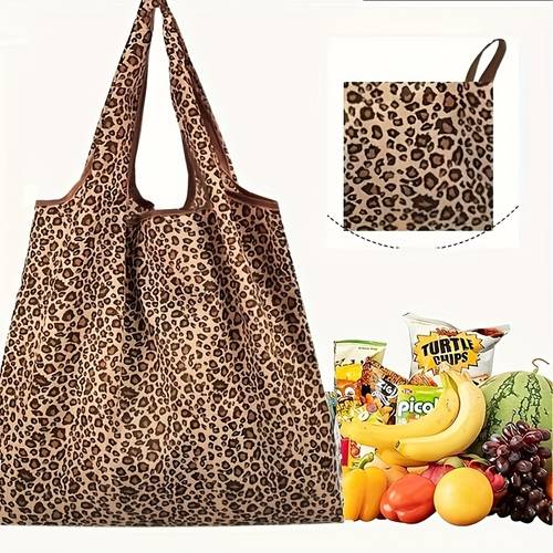 womens large capacity leopard print tote bag durable polyester shopping bag brown foldable design for daily use travel work shopping fashionable leopard print spotted bag versatile handbag sturdy handles stylish accessory