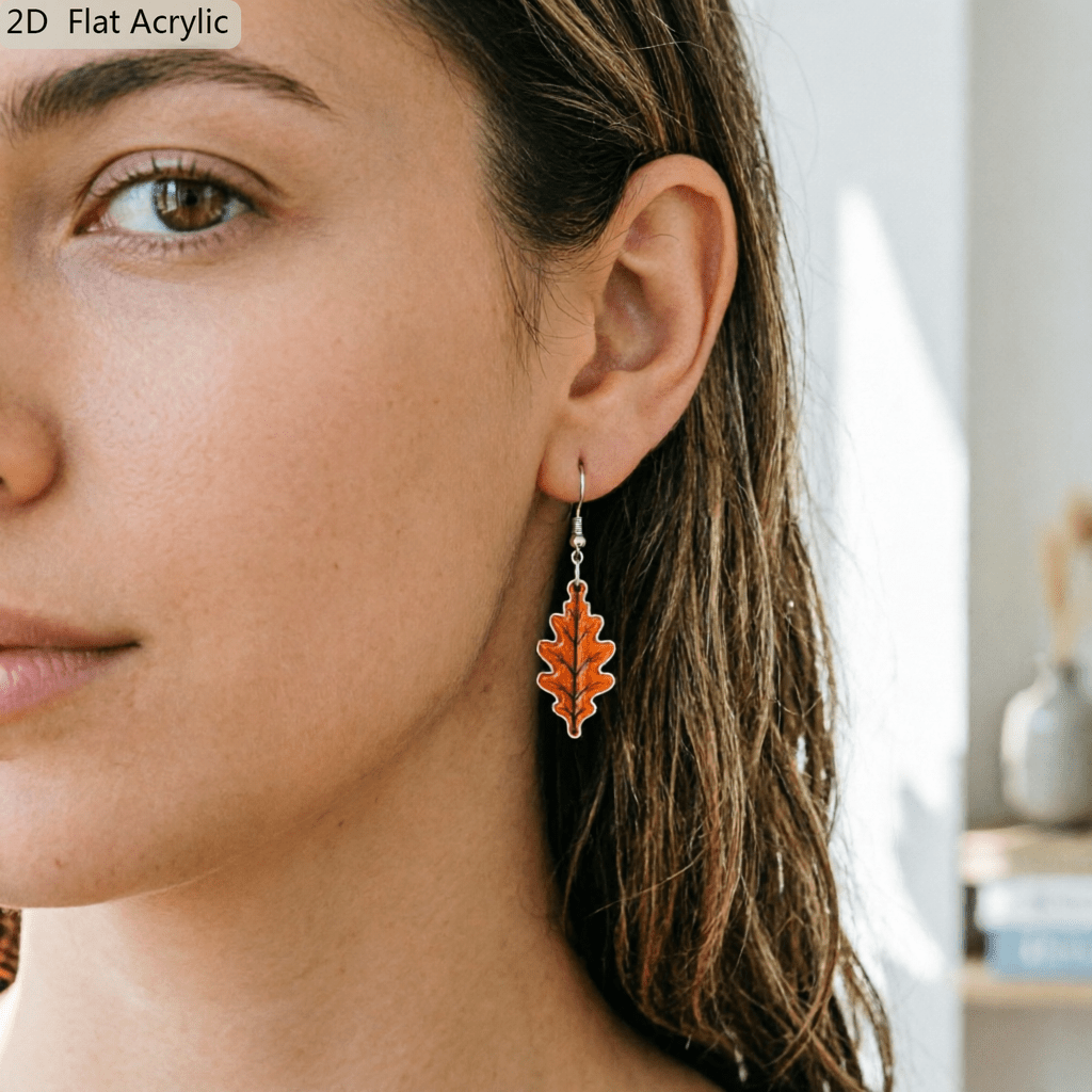 2D Flat Oak Leaf Acrylic Dangle Earrings, Holiday Gift