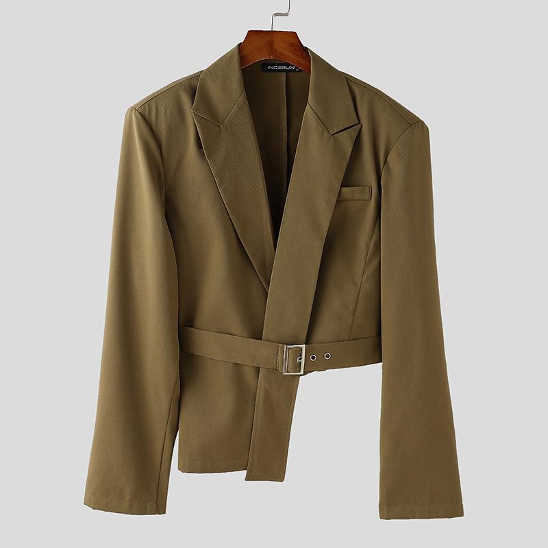 INCERUN Men's Solid Brown/Black/Navy/Gray/Beige/Charcoal Blazer - Lapel Collar Single-Button Closure Asymmetric Hem Tailored Jacket, Structured Lapel Collar & Belt Loop Design, Machine Washable Spring/Fall Outerwear for Men, Solid Color Blazer with Belt Loop Detail, No Lining, Suitable for Semi-Formal & Semi-Casual Wear, Available in Multi-Colors (Brown Shown) - Traditional Style