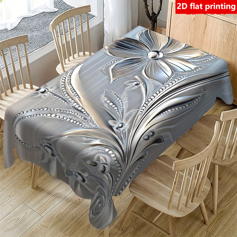 TEMU 2d Flat Printing, 1pc Silvery Floral Flat Print Tablecloth, Durable Polyester Tablecloth, Suitable For Picnics, Camping, Weddings, Birthday