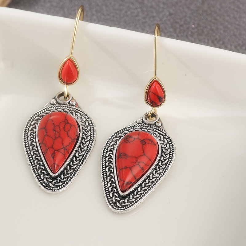 Women's Bohemian Red Synthetic Turquoise Droplet Pendant Earrings