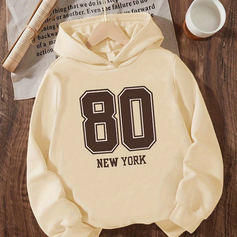 KID'S hoodie Girls' Fashion Hoodie, Autumn/ Winter Casual Long Sleeve Pullover with Number 80 Letter Print, Stretchy Knit Fabric, Loose Fit, Polyester, Brown50% cotton 50% polyester blend 250g