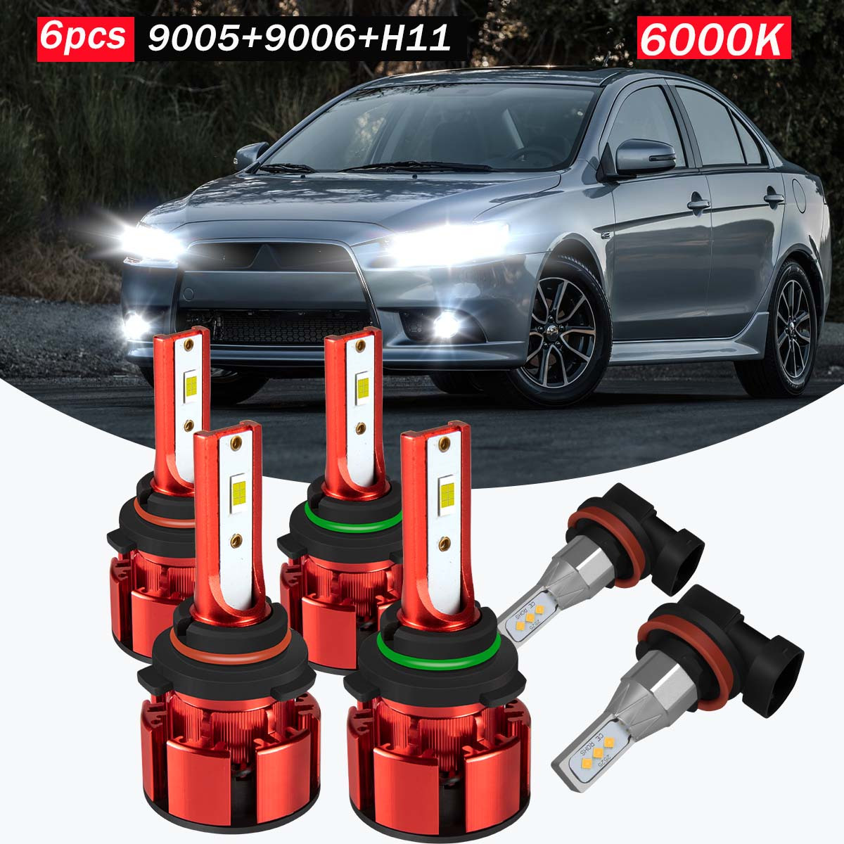 TEMU 6pcs, Fit For 2008-2017, 9005 High Beam+9006 Low Beam+h11 Fog Light Bulbs, Led Headlight Bulbs, Super Strong 6000k White, Without Battery