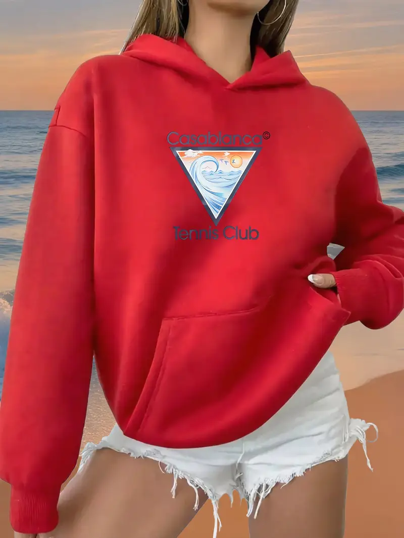 Red Women's Hooded Sweatshirt with Casablanca Tennis Club Graphic Print