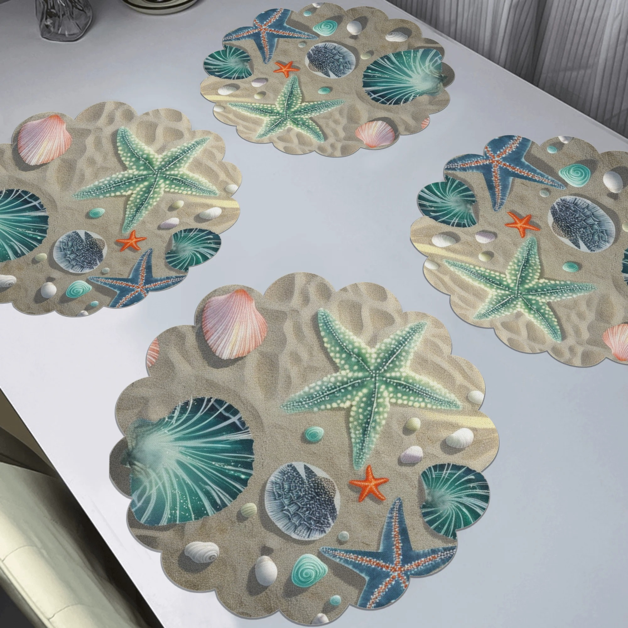 

Set Of 4 Wave Placemats, Polyester Fabric Table Mats With Starfish Shell Pattern Marine Pattern, Hand Washable Holiday Dining Decor, 15-inch Diameter