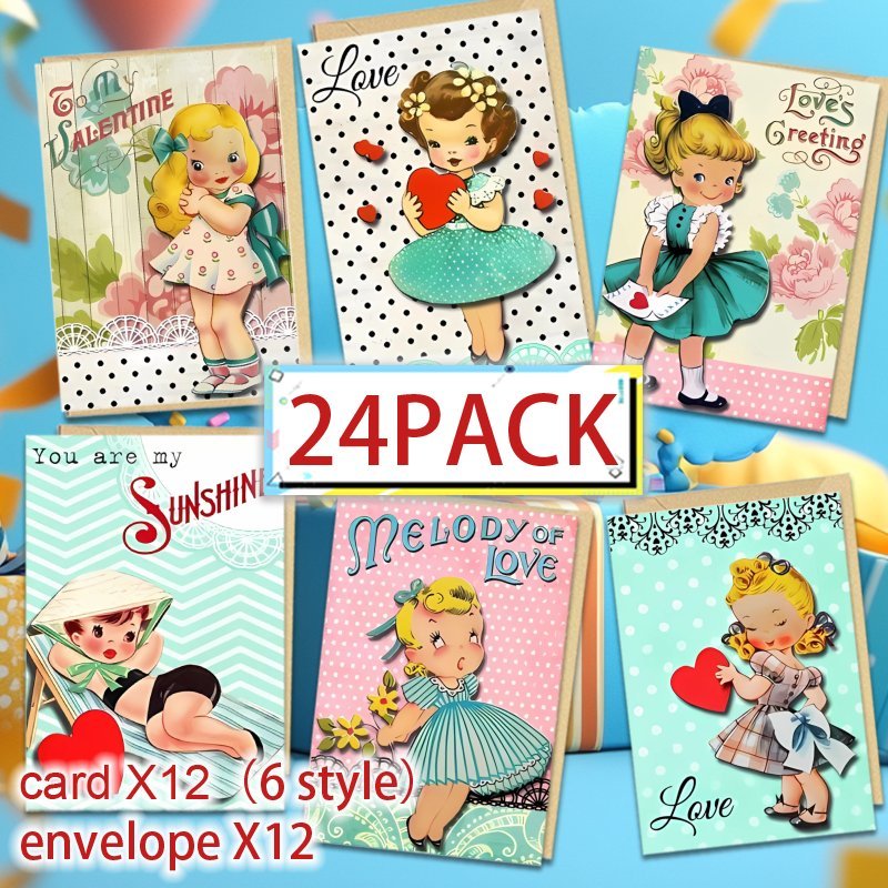 

24pcs Vintage Greeting Cards, Assorted Retro Love & Cards, With Envelopes, For Valentine's Day, Birthday, , New Year, Thank You - Paper Craft Stationery Set