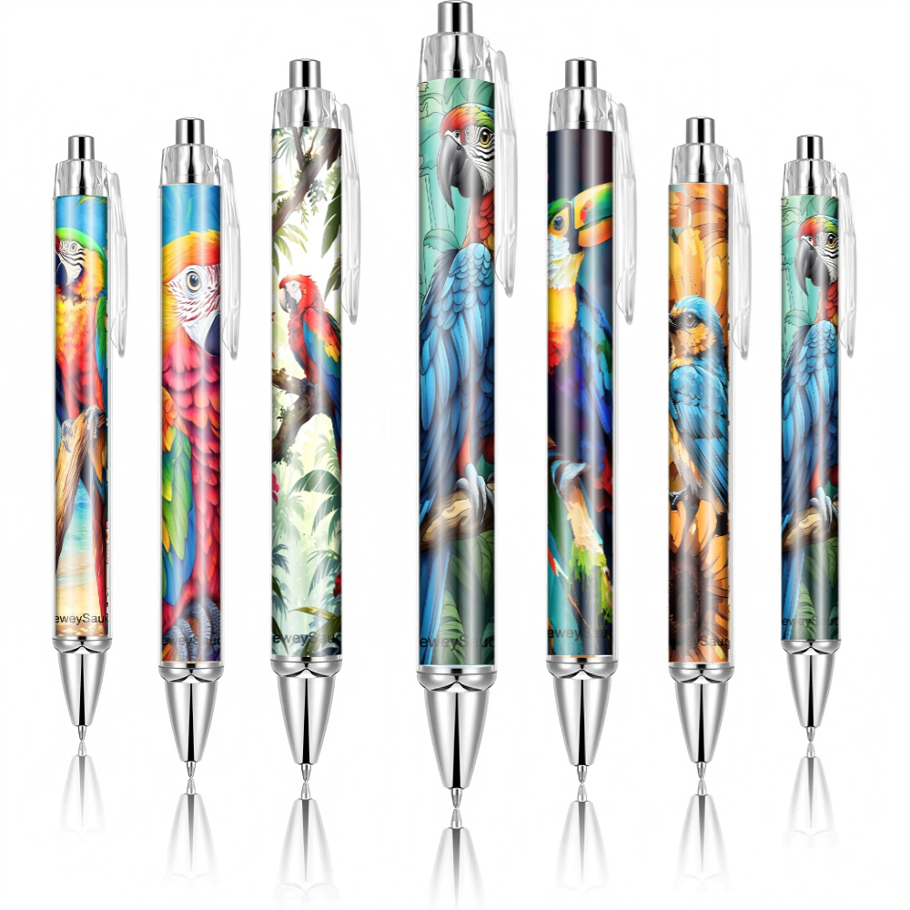 TEMU 7pcs Set Of Designs Featuring Parrot Patterns, Retractable Fine-point Durable Plastic Pens In Vibrant Colors, Suitable For Office Use And As A