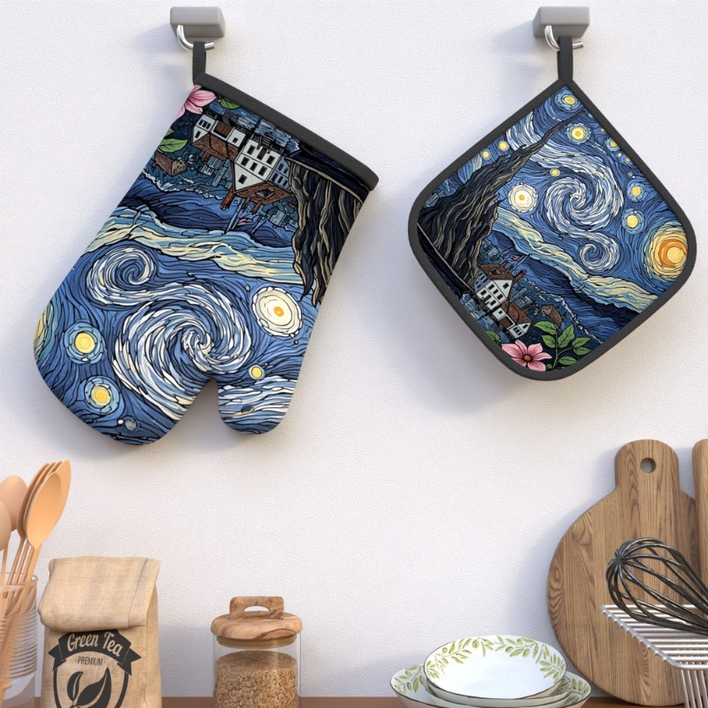 

2pcs Van Starry Night Inspired Oven Mitt Set, 10.6x6.7 Inch, Heat Resistant Polyester Woven Potholders, Machine Washable, Artistic Kitchen Decor, Cooking & Grilling Accessories, Ideal Holiday Gift