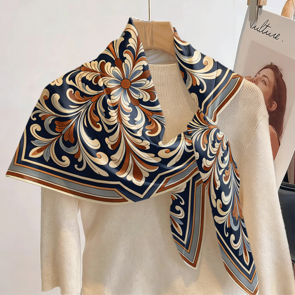 TEMU 2d Flat, Classic European-style Scrolling Vine Pattern 2d Printed Square Scarf, A Soft And Fashionable Headscarf With -friendly, Breathable, And