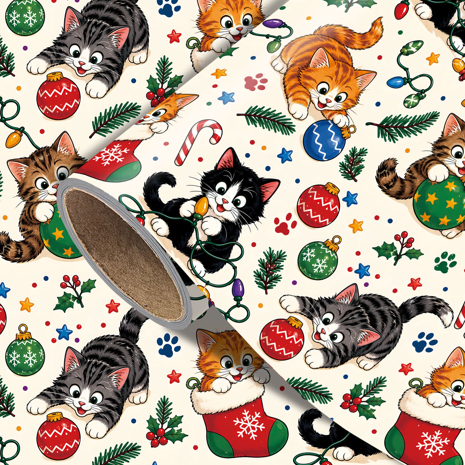 TEMU 1 Christmas Wrapping Paper - Xmas Cute Cat Pattern, Designs For Holiday - Measuring 45cm X 300cm (17.7in X 118in)