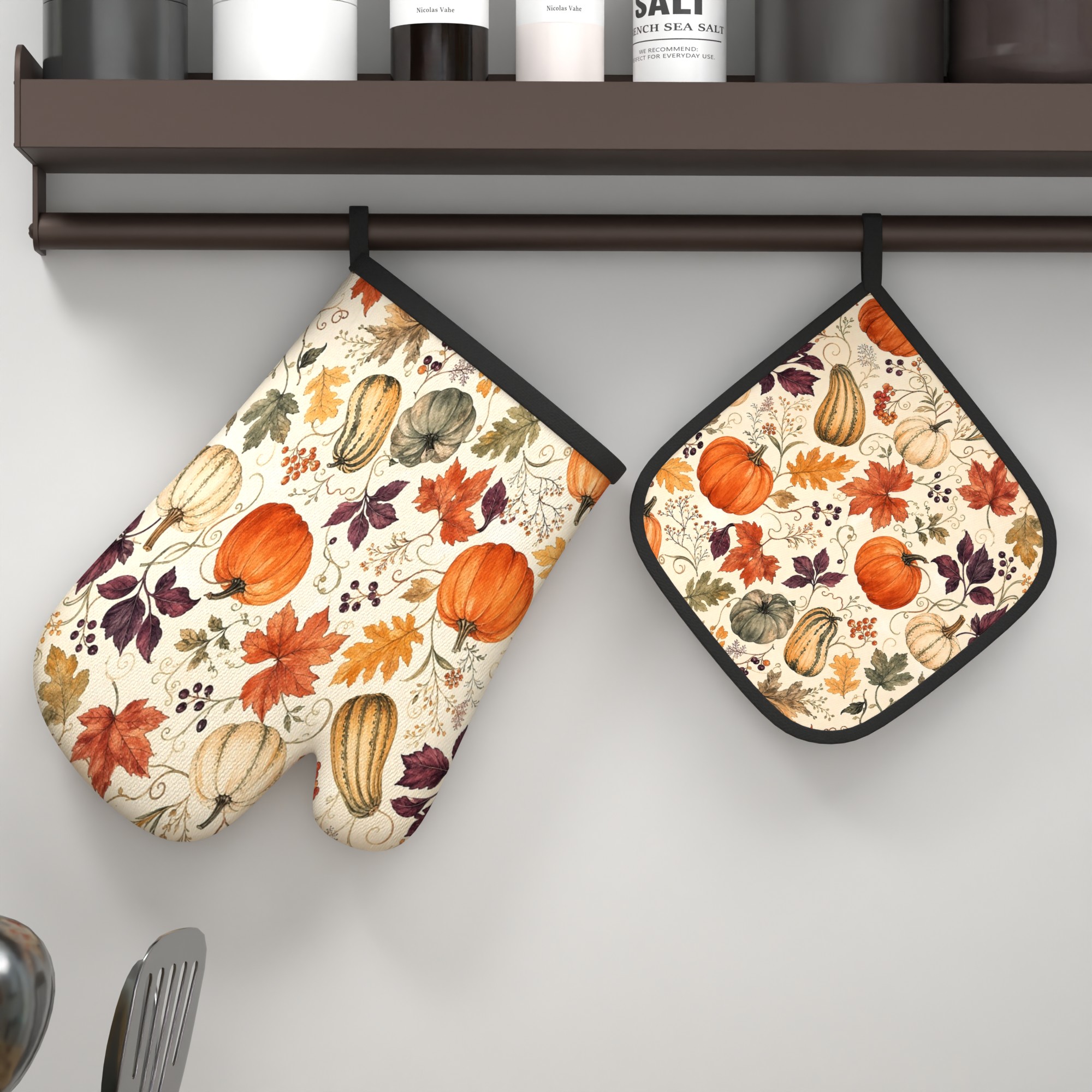 TEMU Lot de 2 gants de cuisine et maniques résistants à la chaleur, adaptés à la cuisson, au grill, à , avec motif citrouille d'automne et érable,