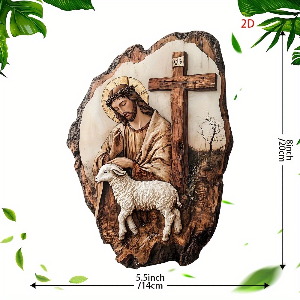 Image of 2d Flat - 2d Rustic Wooden And Lamb Sign For Easter - An 8x8 Inch Inspirational Wall Decor With Cross Details, Perfect For Home, Cottage, Or Porch | An Ideal Easter Gift, Religious Wall Art