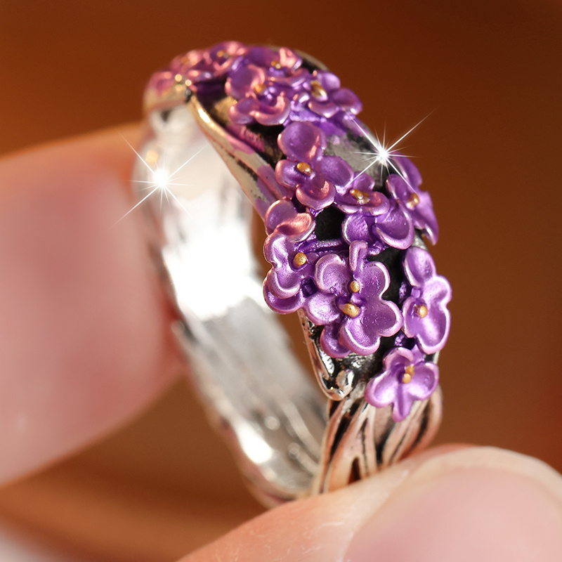Women's Romantic Silvery Purple Lilac Flower Ring