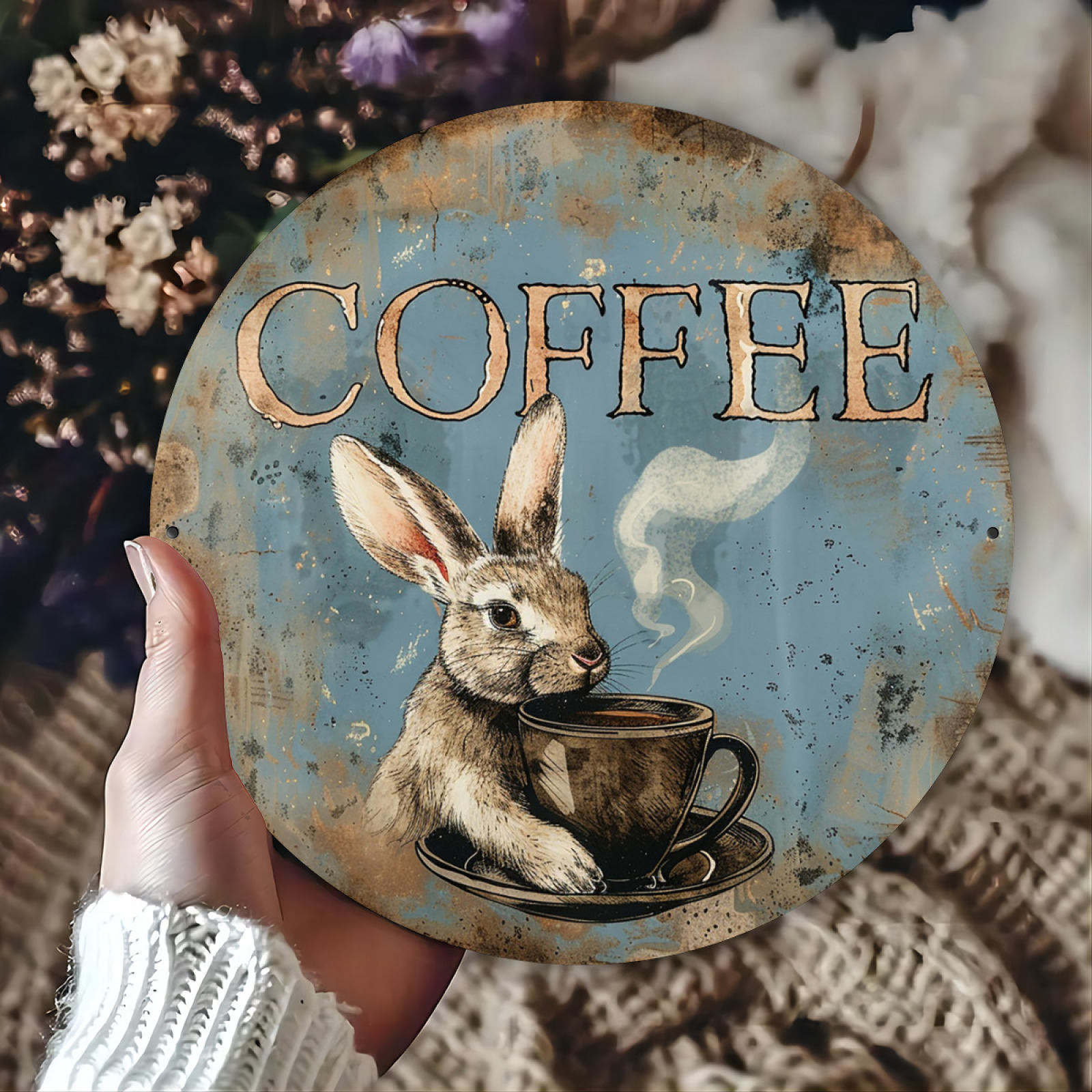 TEMU 2d , 1pc Vintage Rabbit Coffee Cup Aluminum Sign- 8x8inch Metal Wall Decoration, No Power Required, Durable Aluminum Hanging Sign For Home,