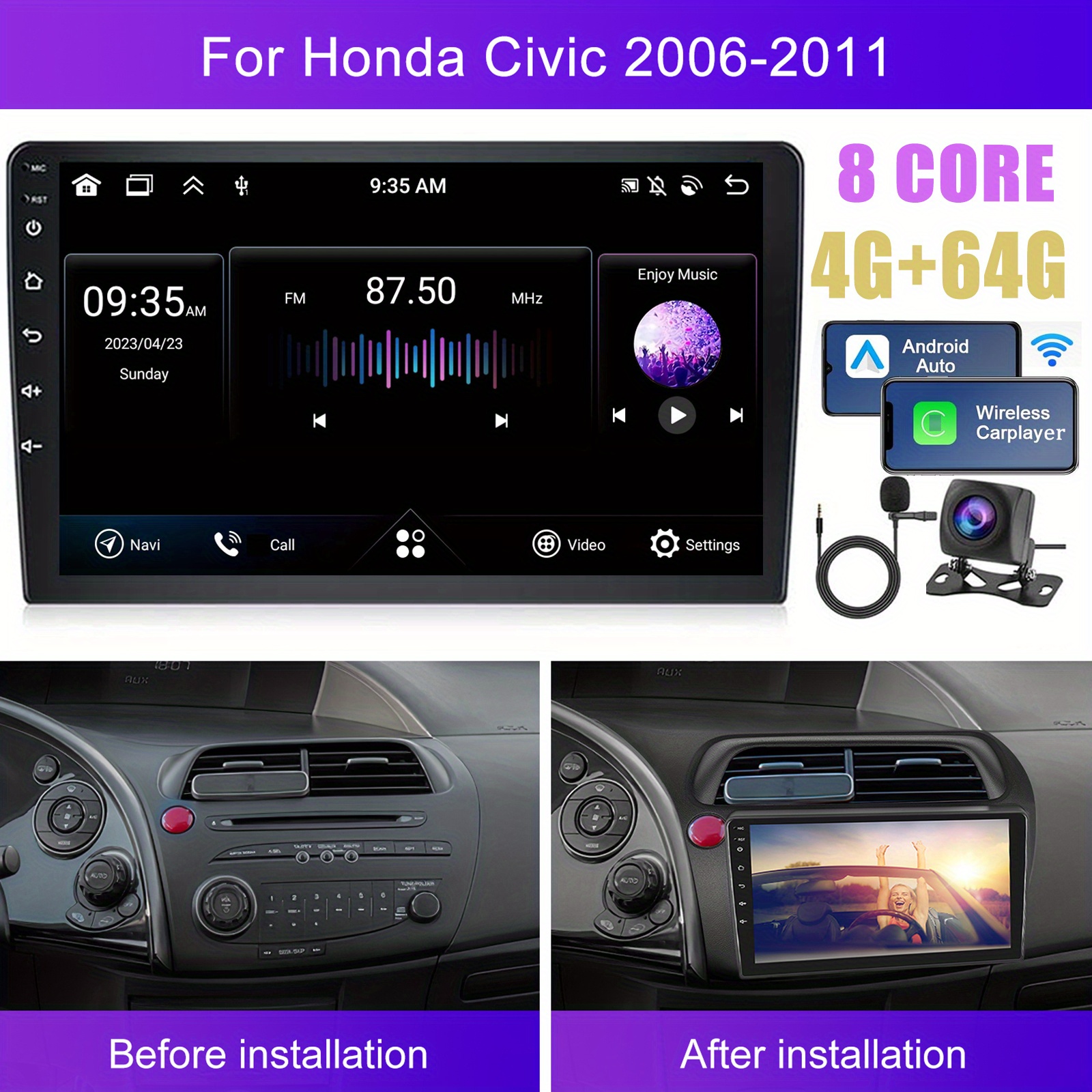 [8 4G+64G] Avtoradio za (leva volan) 2006-2011, 9-palčni 2 DIN zaslon na dotik z brezžičnim Carplay/ Auto, B/T GPS WiFi 59UI DSP RDS mikrofon