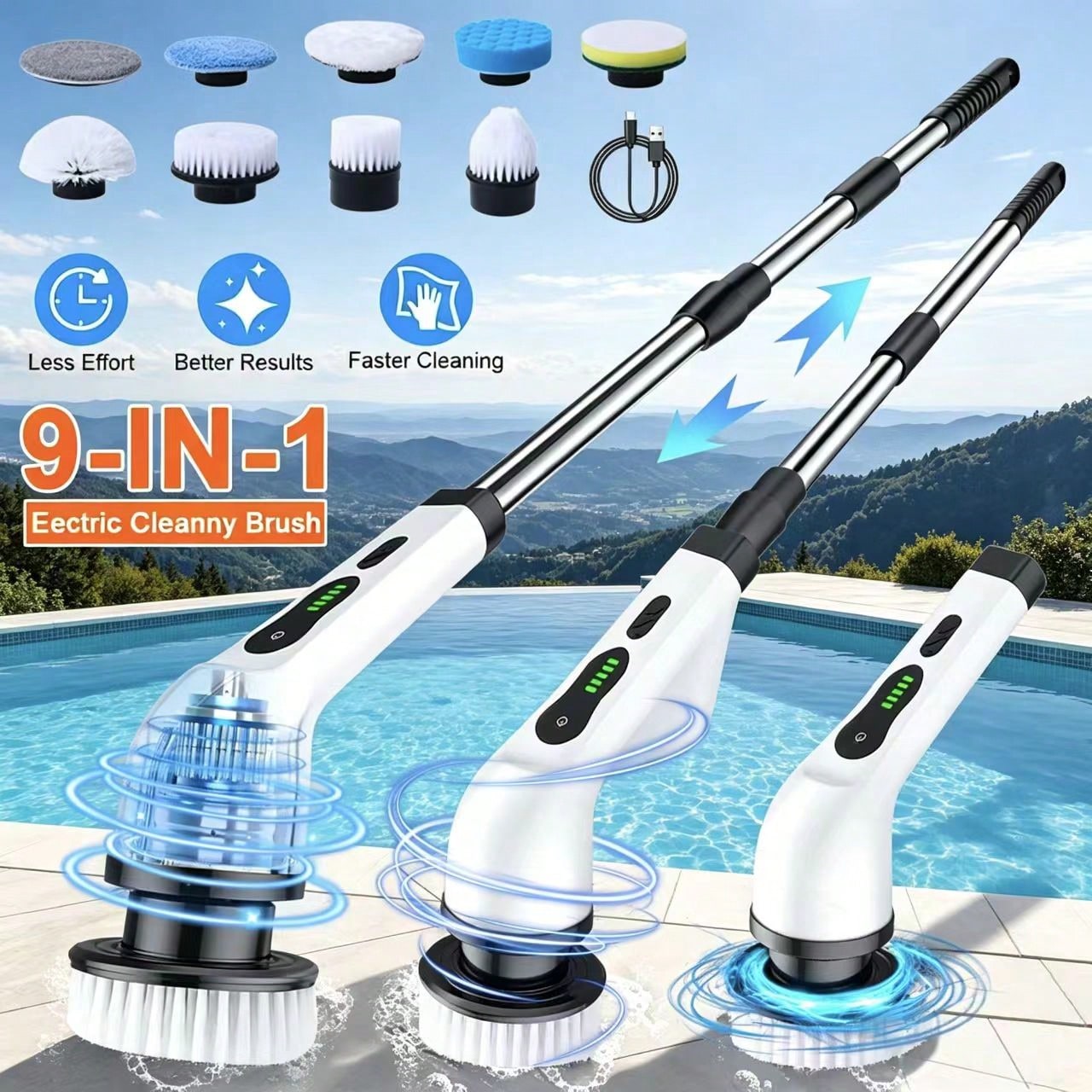 TEMU Brosse de nettoyage électrique rotative, brosse de nettoyage rechargeable fil avec 8 têtes de brosse remplaçables, brosse de nettoyage à double