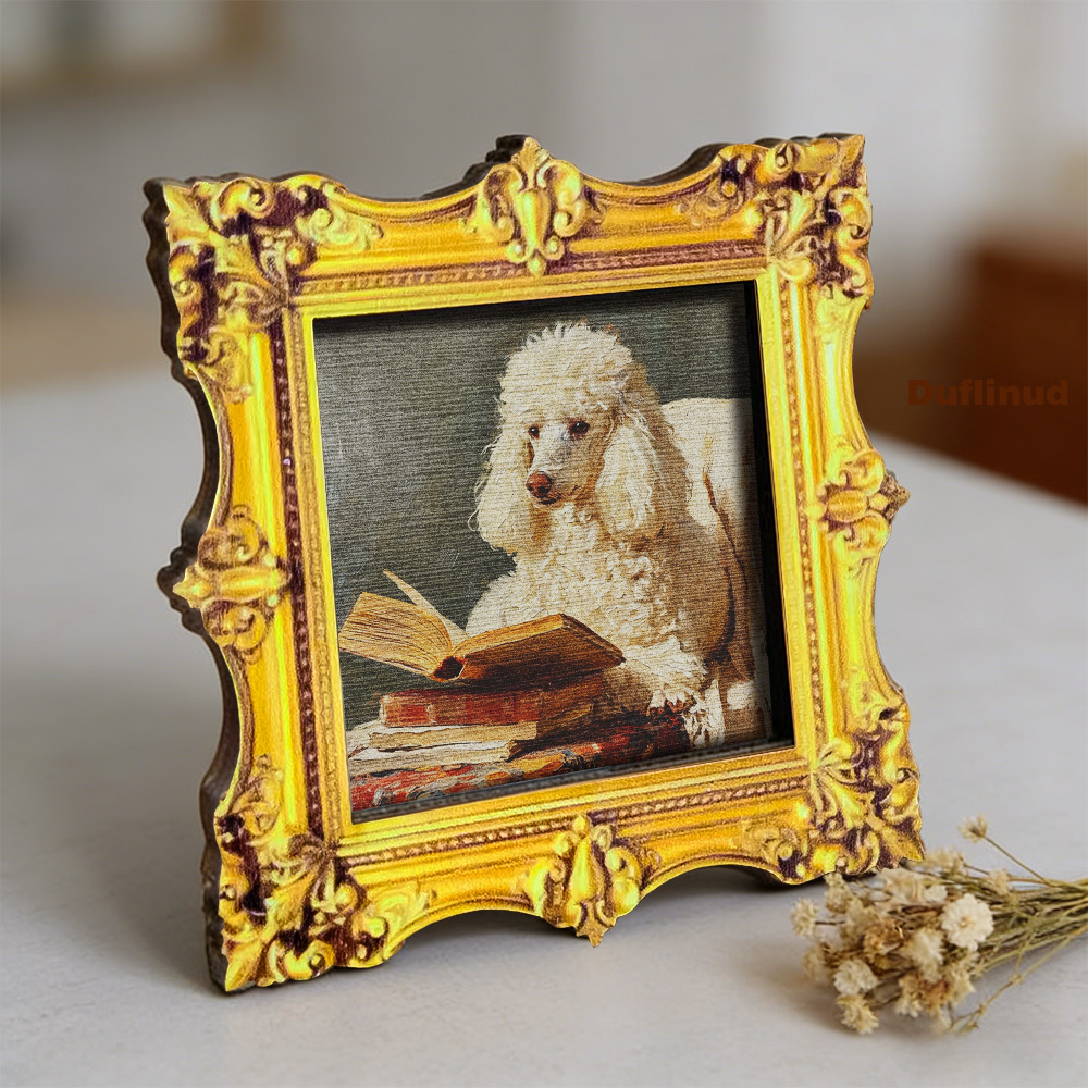 TEMU 1pc Duflinud White Poodle Reading Fridge Magnet - Wood Suitable For Book Lovers, Back, Square Portrait With Poodle Art, Wood Decor For