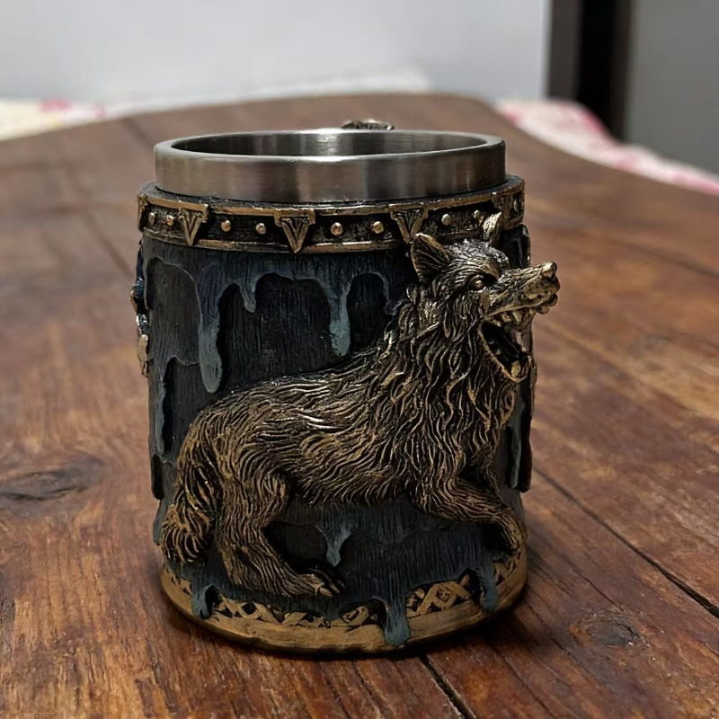 Image of 1pc For Viking Wolf Axe Shield Resin Beer Mug, 3d Relief Medieval Style With Stainless Steel Liner, Novelty Drinkware For Beer/whiskey, Home Bar/party Use, For Viking Themed Decor & Man Cave