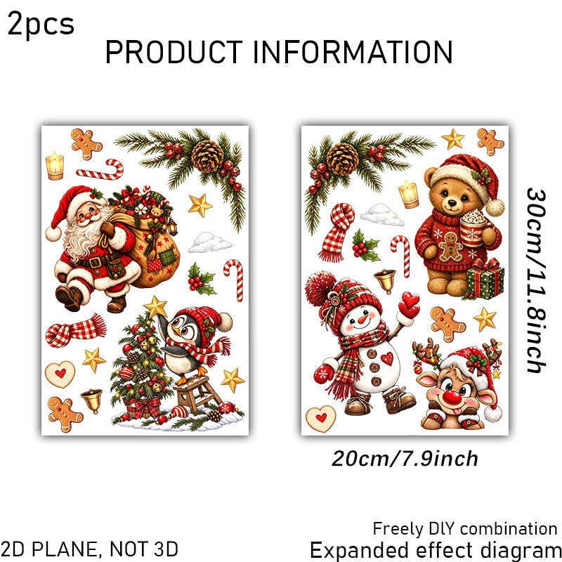 TEMU 2 Sheets/set, Teddy Bear And Gift Bag Santa Claus Christmas Themed Window Glass Stickers, Double-sided , Red- Reindeer, Scarf Snowman, Christmas