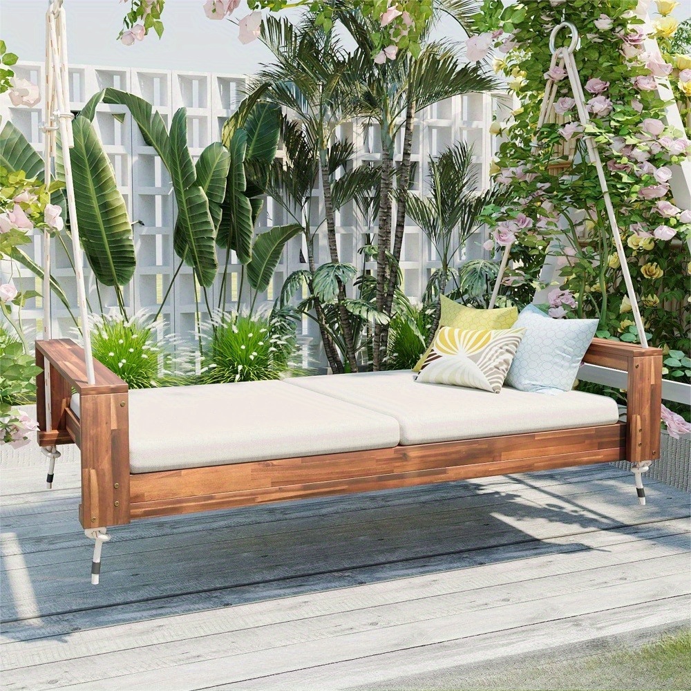Garden seating. Swing chair. Double-sized porch swing bed seating set with hemp rope swing frame, suitable for gardens and backyards. Minimalist rustic style, ideal for courtyards and gardens. Mattress sold separately.