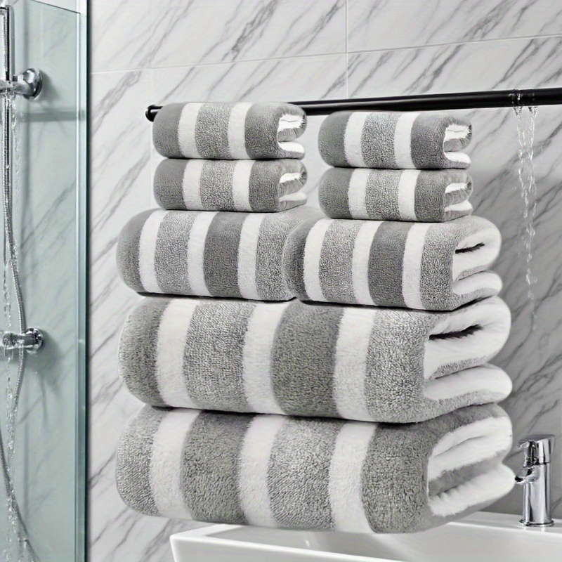 TEMU 8pcs Non-shedding Super Absorbent Hotel Standard Dual-tone Striped Bath Towel Set, Including 2 Large Bath Towels, 2 Large Bath Towels, And 4