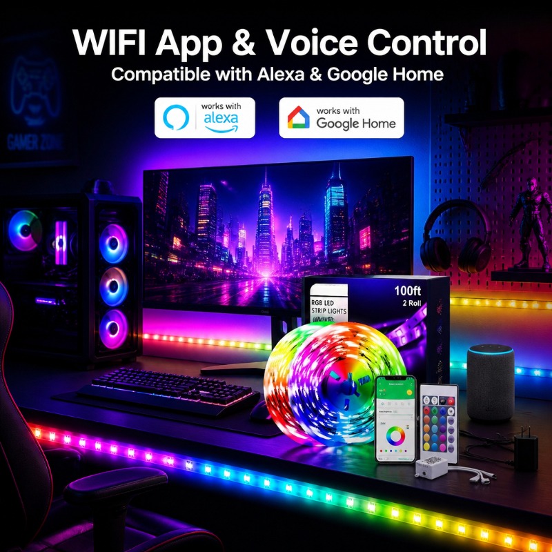 TEMU 100ft Smart Wifi Rgb Led Strip Lights, Compatible With Alexa & , 50ft X 2 Rolls, App And 24-key Remote Control, Color Changing Music Sync Lights