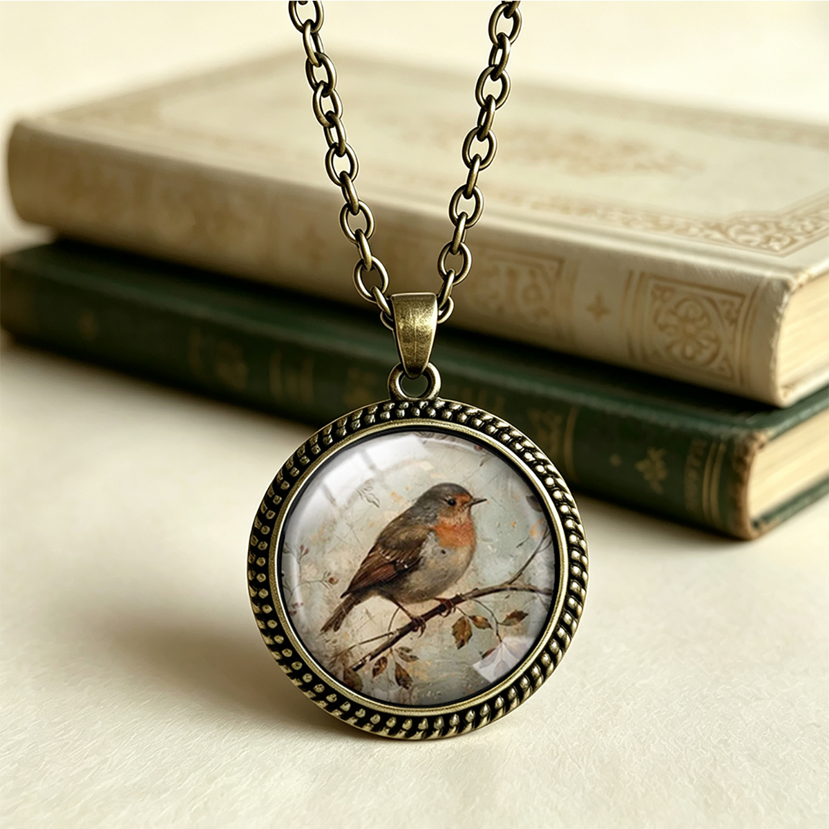 TEMU 1pc Collier avec Pendentif Imprimé Rétro, Charme Vintage Style Forêt, Bijou Pendentif Rond en Verre Festonné de 25 mm