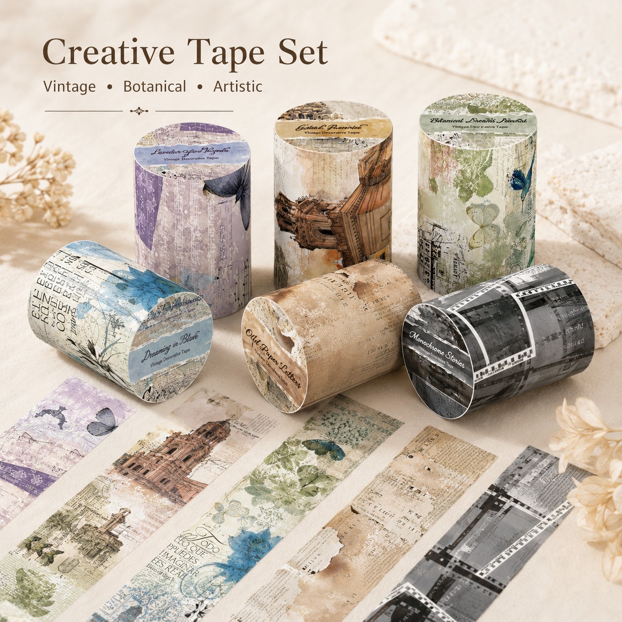 TEMU 6 Rouleaux de Ruban Washi Vintage pour Scrapbooking, , Emballage Cadeau - Collage Rétro et Architectural avec Revêtement Plastique, Ruban de