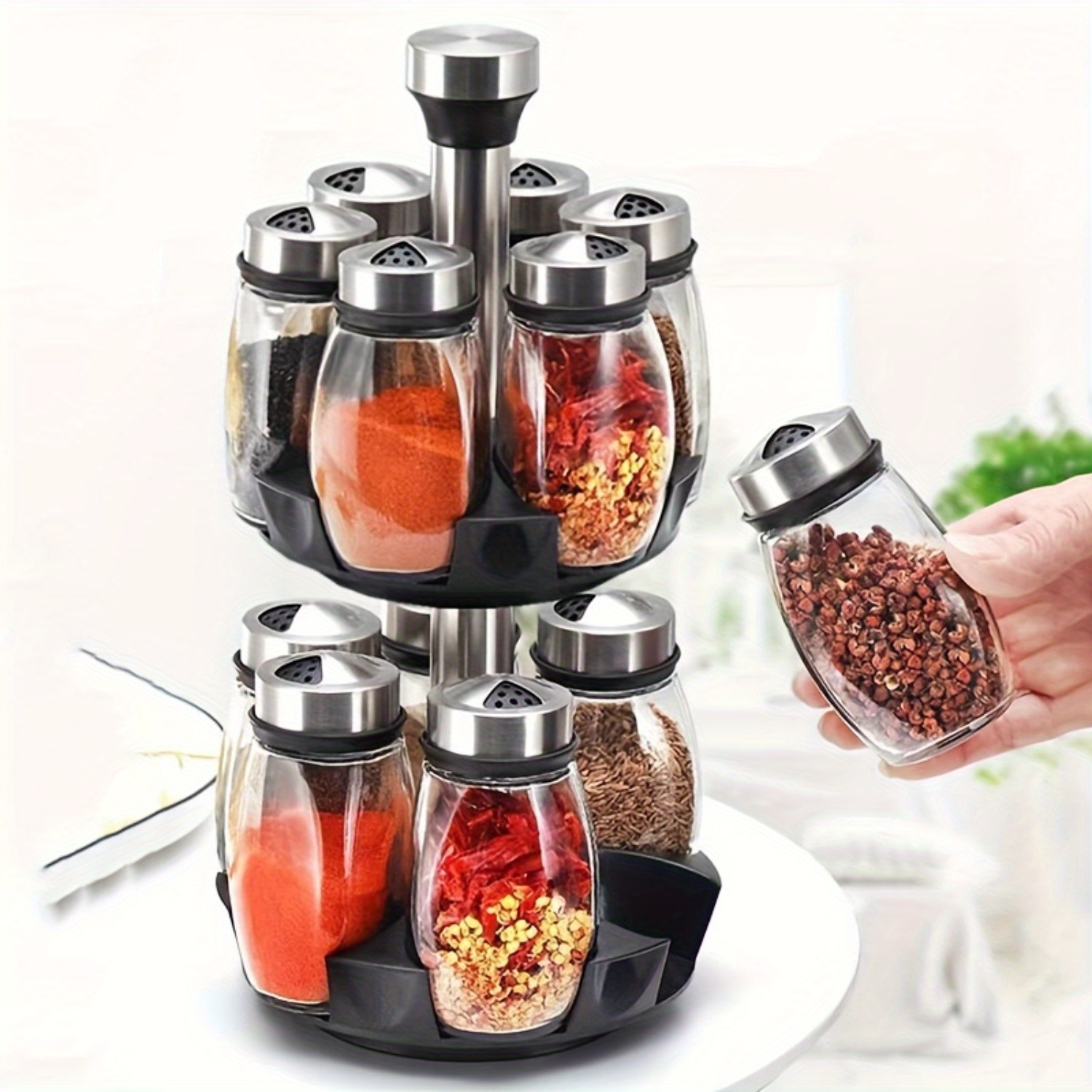 

360° Rotating Spice Rack Tower Set With 6/12 Glass Refill Containers, Single And Double Layer Seasoning Storage For Kitchen Countertop Accessories, Shelf