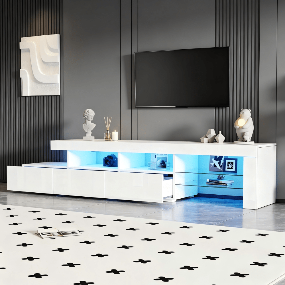 Image of Tv Stand With High Gloss Finish Panel, 3 Drawers, Suitable For Tvs Up To 75 Inches, Suitable For Living Rooms, Bedrooms, And Dining Rooms, White, 180 X 35 X 45cm.