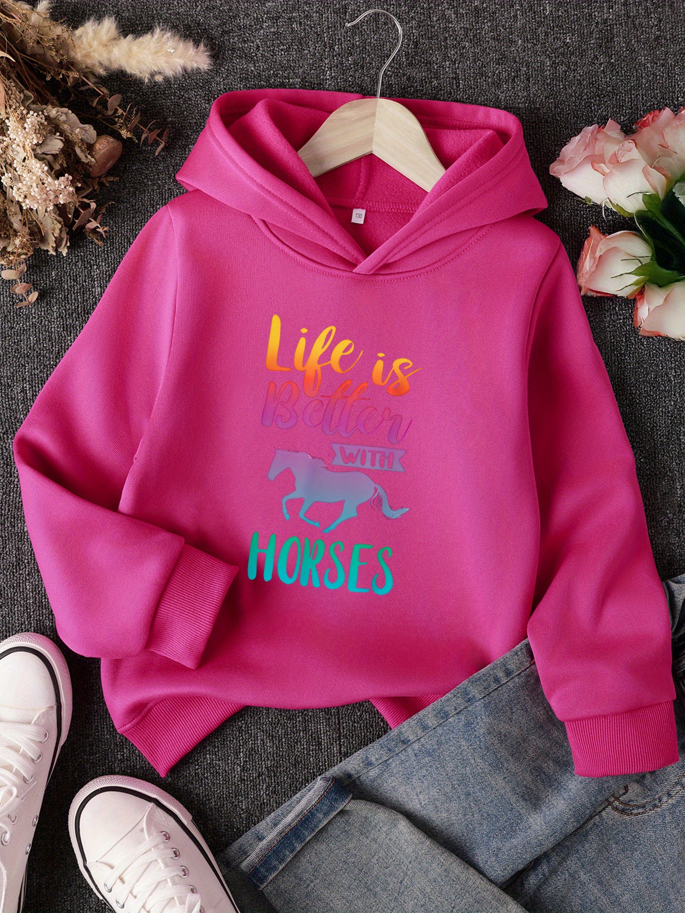 Pull à Capuche Enfant Imprimé Chevaux Et Galaxie - Sweat Fille Manches Longues, Tissu Doux, Lavable Machine - 13